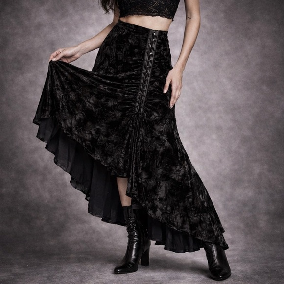 Vintage Dresses & Skirts - Y2K Gothic Velvet Mermaid Maxi Skirt Lace Up Dark Romantic XL